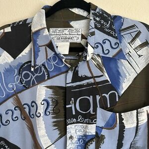 Le Garage Shirt Mens L Blue Abstract Graphic Script Button Up Made in France